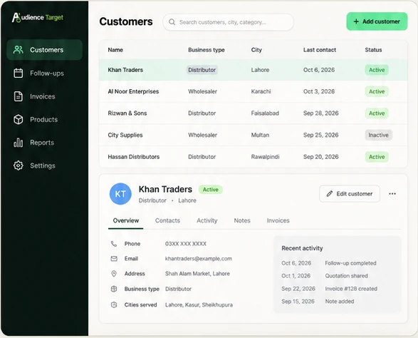Illustrative CRM customer list and profile. The live demo shows the actual product.